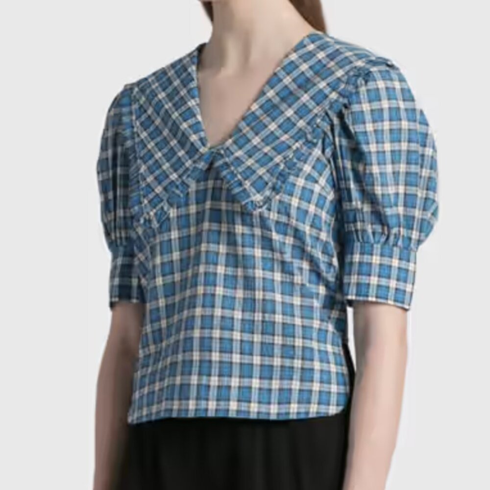 GANNI Seersucker Check V-Neck Ruffle Blouse in Azure Blue - Picture 3 of 14